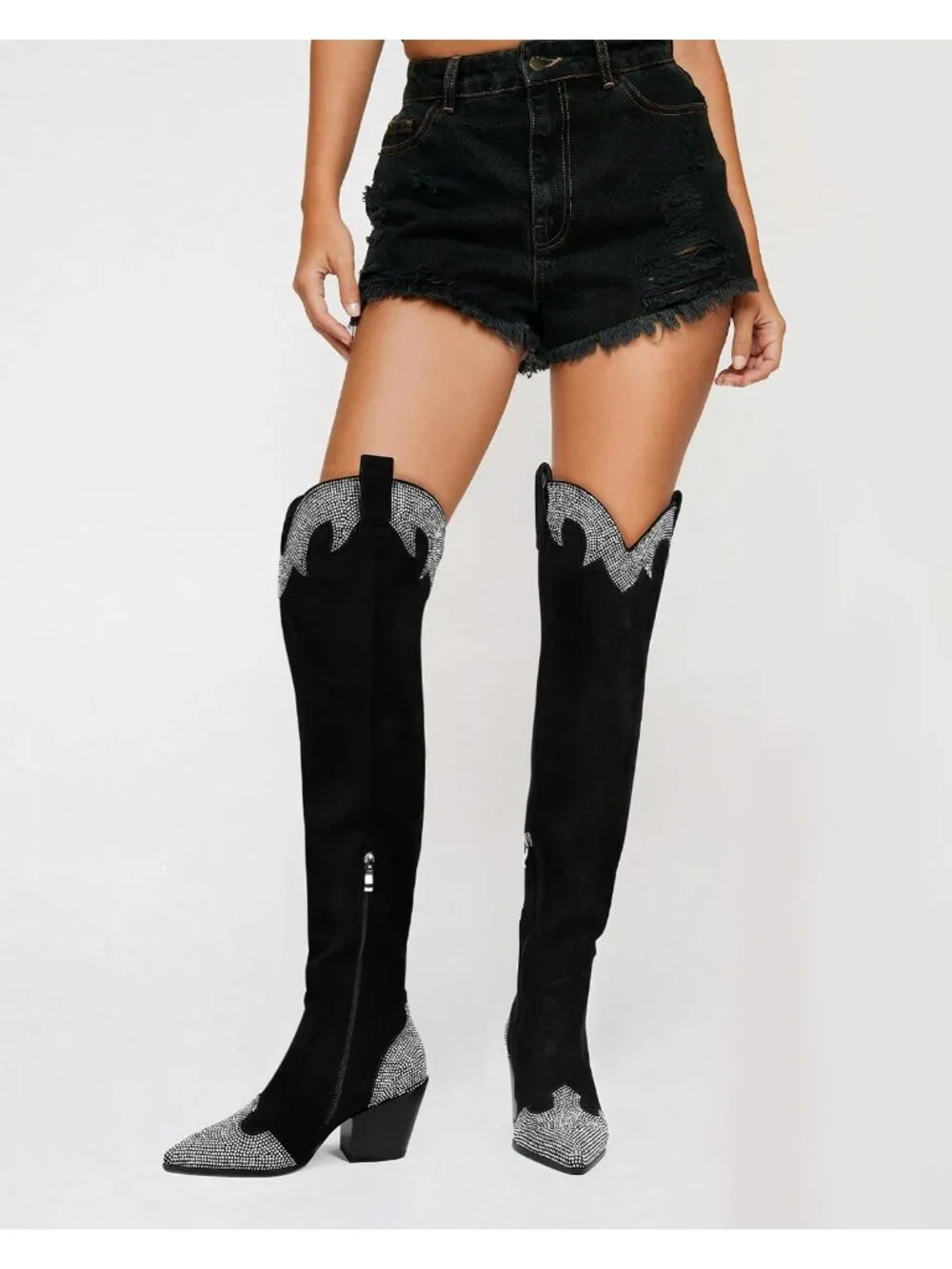 Women's Black Suede Rhinestone Pointed Toe Chunky Heels Over The Knee High Boots